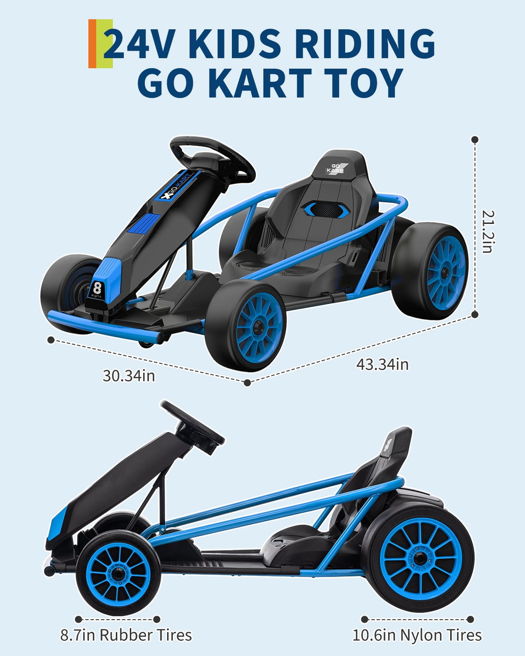 24V Electric Go Kart for Kids 8-12 - Dual 300W Motors, 9Ah Battery, 8MPH High-Speed Drifting, Slow Start, Full Metal Frame, Music, Horn, Power Display, Max Load 155Lbs, Ride-On Toy - Brown