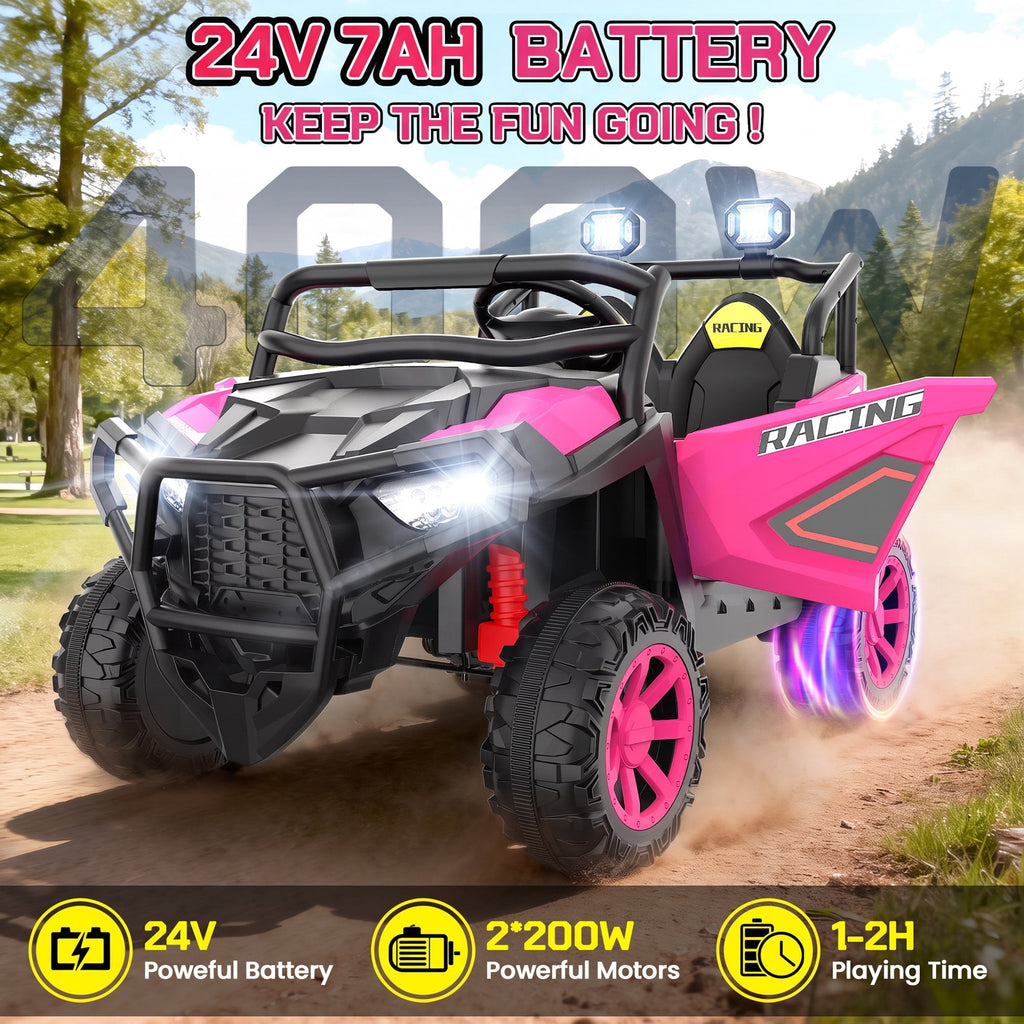 VIBESPARK 24 Volt 2 Seater Ride on Toys for Kids, Powered Ride on Cars with Remote Control, Electric UTV Car for 3-8 Boys Girls Gift w/ Bluetooth, LED Light, Music, Green