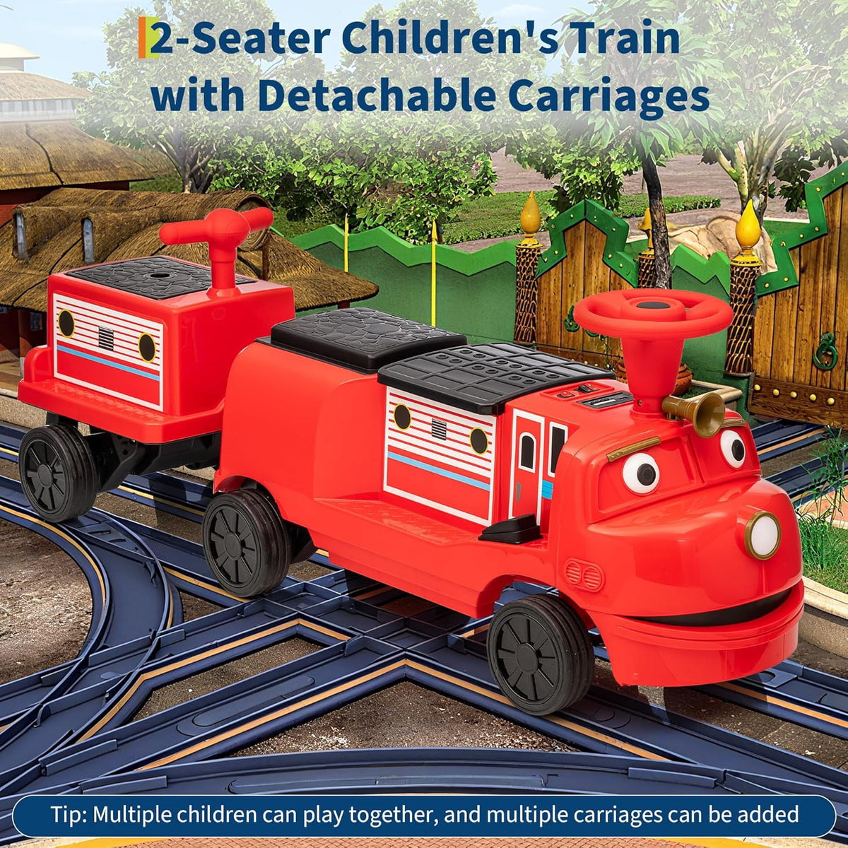 2 Seater Trackless Ride On Train, 12V Electric Ride On Car with Adjustable Seat, Carriage Included, Music, LED Lights, Storage Space, 2 Speed Modes
