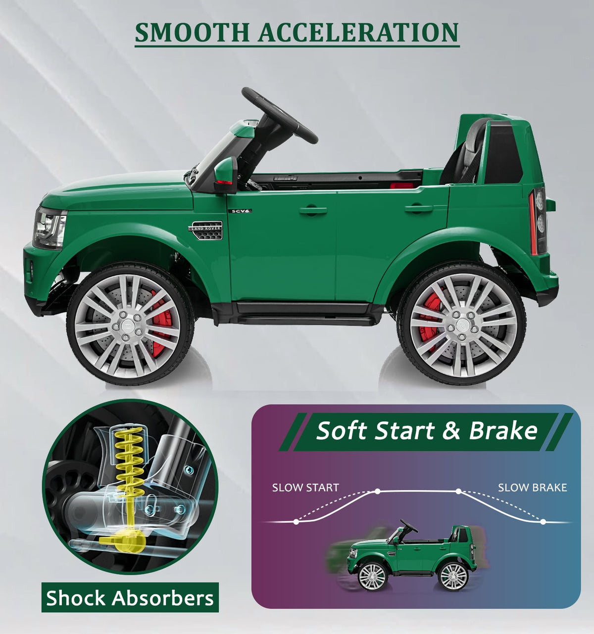 Licensed Land Rover 2-Seater 12V/24V Electric Ride-On Car for Kids Ages 3-8 - Remote Control, MP3, LED Lights, Adjustable Speeds, Shock Absorbers, Safety Seat Belts - Green