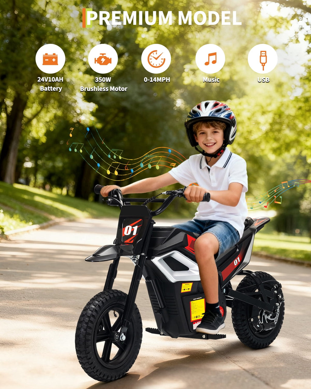 24V Kids Electric Dirt Bike, 350W Battery Powered Motorcycle with 12 Inch Fat Tires Rear Suspension Twist Throttle for Teens