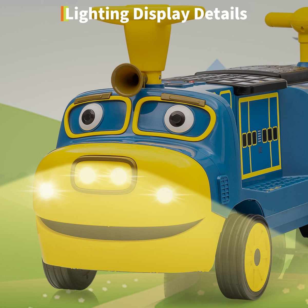 2 Seater Trackless Ride On Train, 12V Electric Ride On Car with Adjustable Seat, Carriage Included, Music, LED Lights, Storage Space, 2 Speed Modes