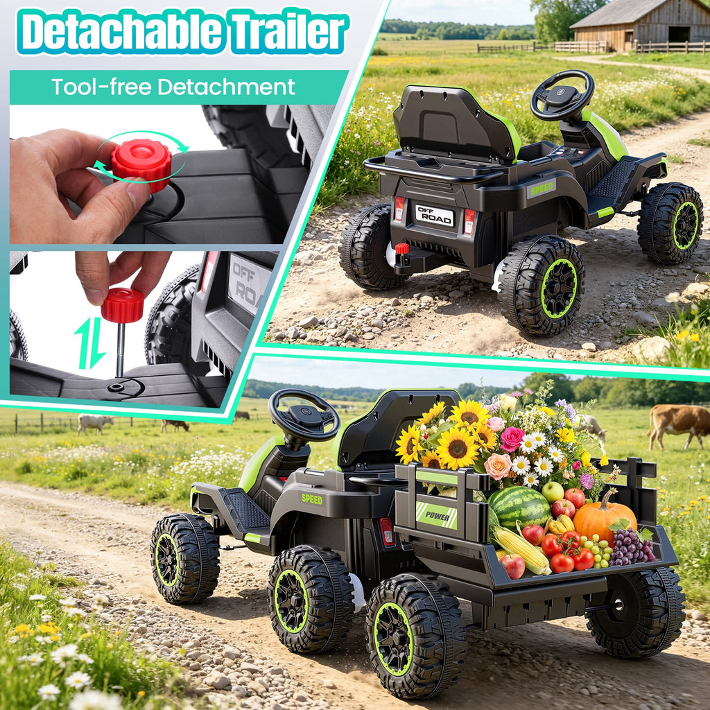 VIBESPARK 24V Ride on Toys with Remote Control, 3 in 1 Ride on Car, Ride on ATV for Kids with Trailer, 6 Wheel Kids Electric Car w/ Bluetooth, MP3, Music, Black
