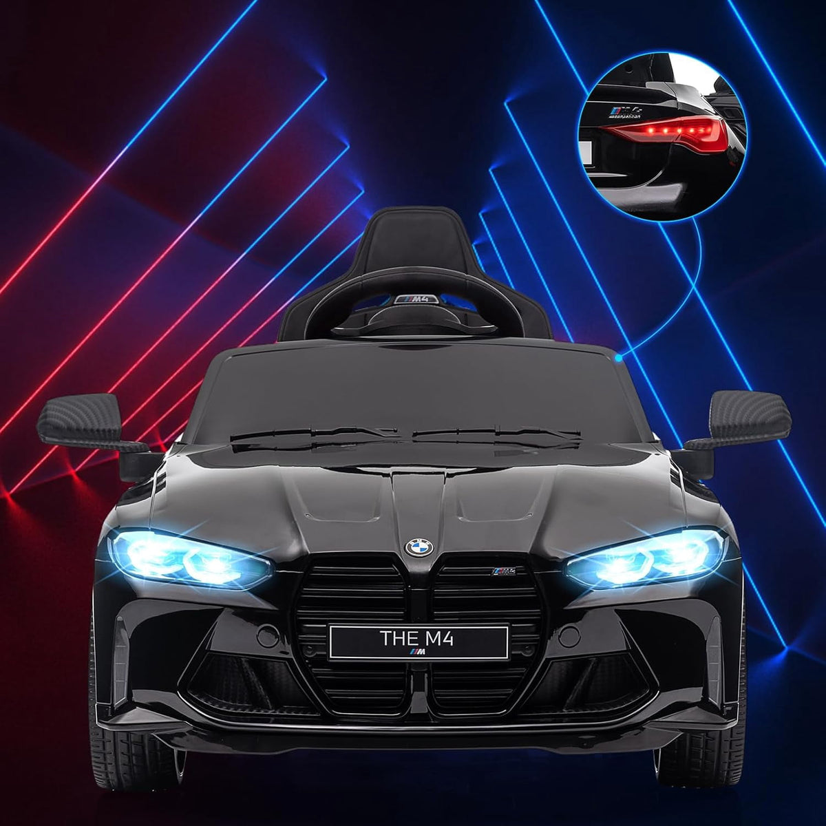 12V Licensed BMW M4 Ride-On Electric Car with Remote Control, 3 Speeds, LED Lights, Music, USB, Adjustable Seat Belt