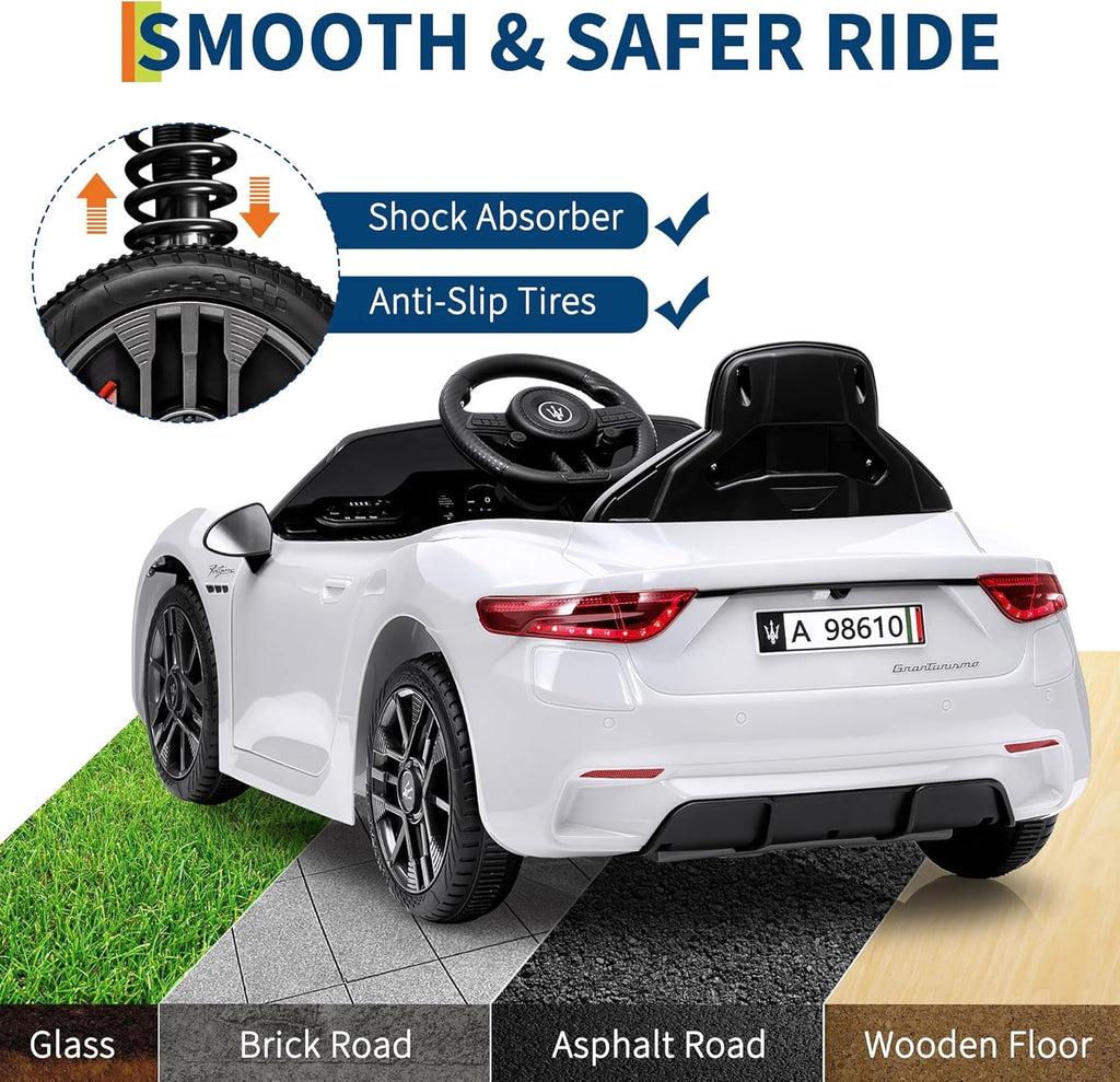 12V Licensed Maserati Ride-On Electric Car, Remote Control, 4.5Ah Battery, LED Lights, Spring Suspension, Double Doors, USB, FM Radio, 2-3 MPH