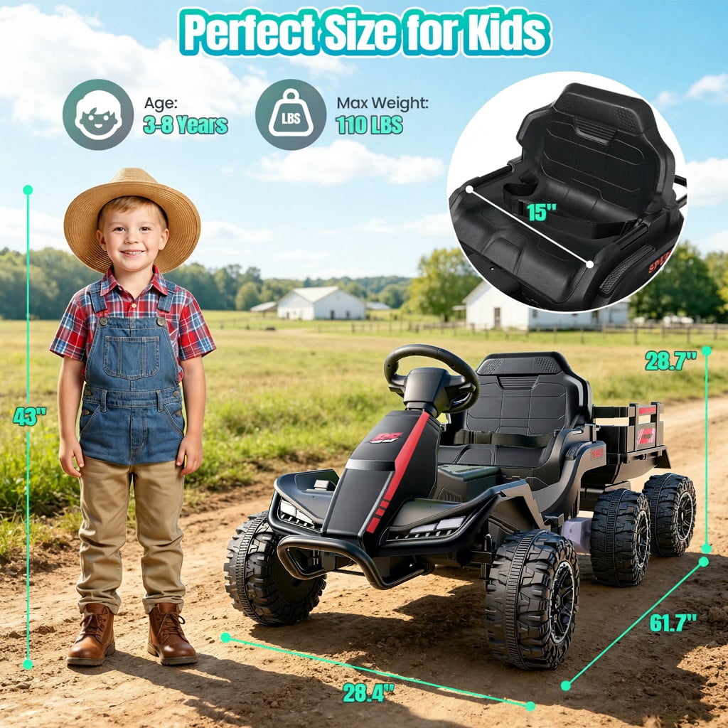 VIBESPARK 24V Ride on Toys with Remote Control, 3 in 1 Ride on Car, Ride on ATV for Kids with Trailer, 6 Wheel Kids Electric Car w/ Bluetooth, MP3, Music, Black