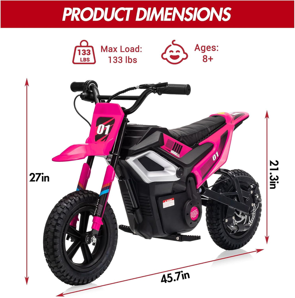 24V Electric Dirt Bike, 350W Ride-On Motorcycle with Rear Suspension, Twist-Grip Throttle, 12-Inch Rubber Tires, 13.67 MPH, 132 Lbs