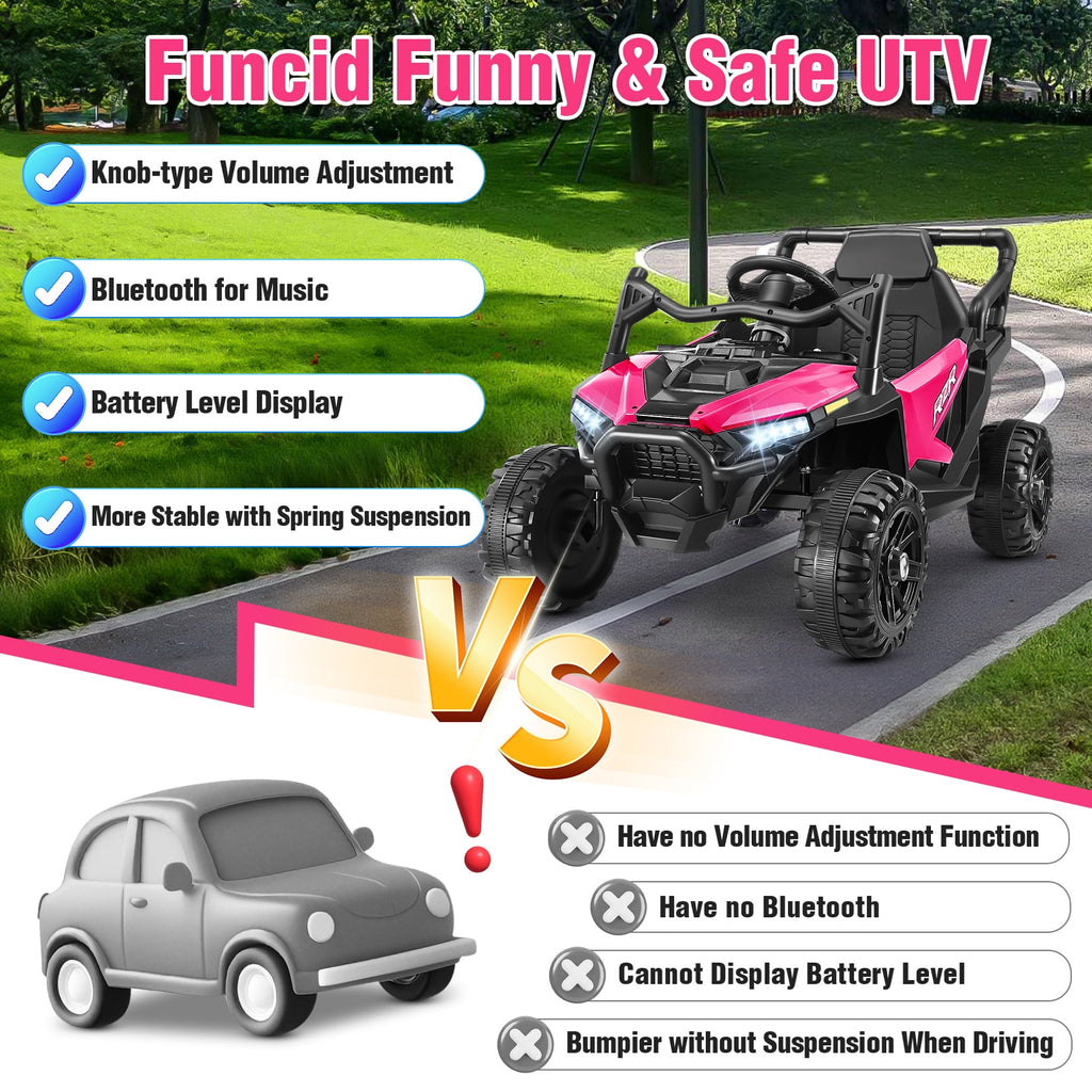 Funcid 24 Volt Ride on Toys with Remote Control & Battery Indicator, 400W Ride on UTV, Electric Car for Kids w/ Bluetooth, Music, LED Lights, Volume Adjustment Knob, 3 Speeds, Pink
