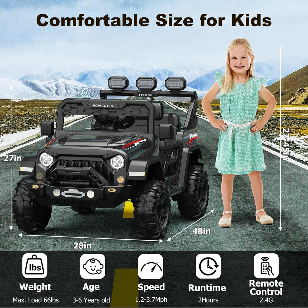 12V Ride-On Truck Car, 7Ah Battery, Parent Remote Control, 3 Speeds Up to 3.7 MPH, Soft Start, LED Lights, Bluetooth, USB, AUX, MP3, 66 Lbs