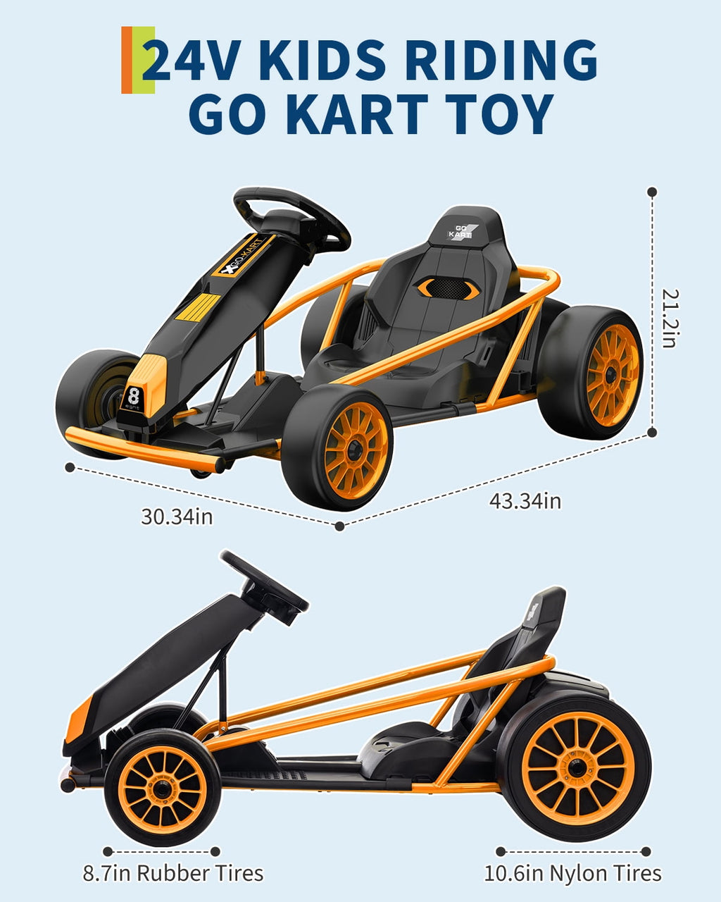24V Electric Go Kart for Kids 8-12 - Dual 300W Motors, 9Ah Battery, 8MPH High-Speed Drifting, Slow Start, Full Metal Frame, Music, Horn, Power Display, Max Load 155Lbs, Ride-On Toy - Brown