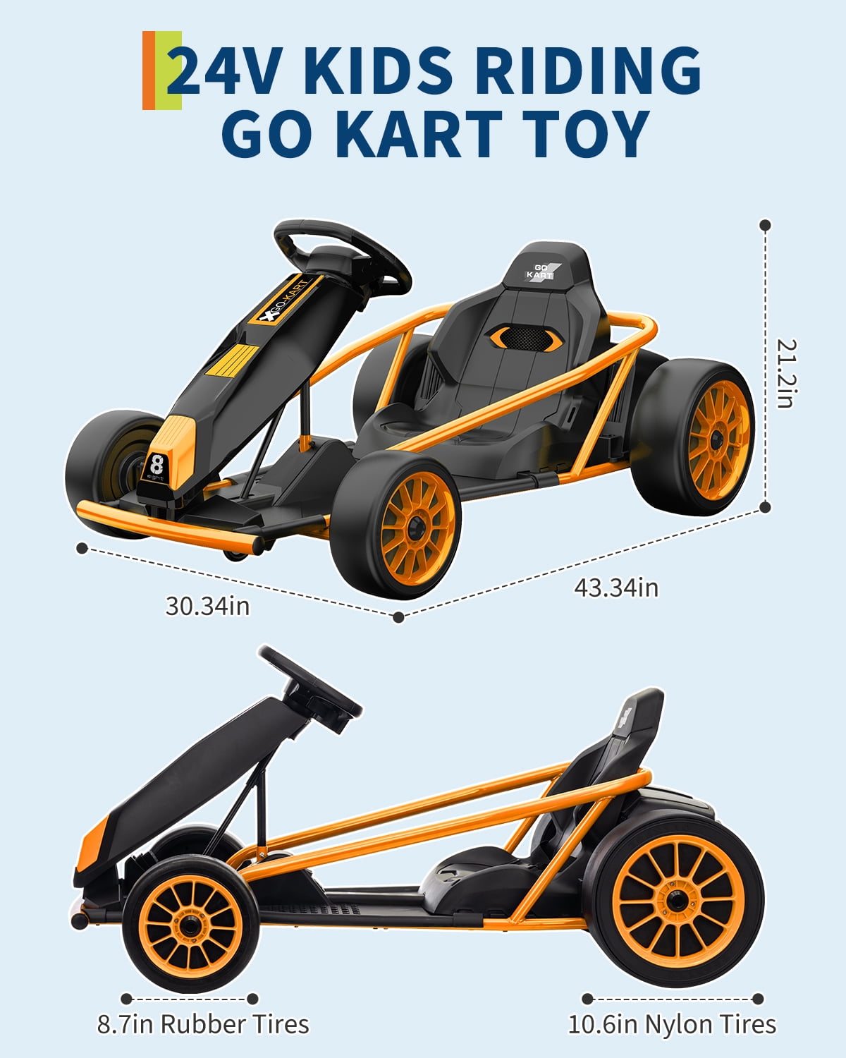 24V Electric Go Kart for Kids 8-12 - Dual 300W Motors, 9Ah Battery, 8MPH High-Speed Drifting, Slow Start, Full Metal Frame, Music, Horn, Power Display, Max Load 155Lbs, Ride-On Toy - Brown