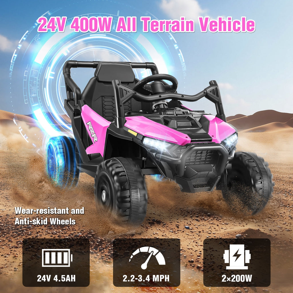 Funcid 24 Volt Ride on Toys with Remote Control & Battery Indicator, 400W Ride on UTV, Electric Car for Kids w/ Bluetooth, Music, LED Lights, Volume Adjustment Knob, 3 Speeds, Pink