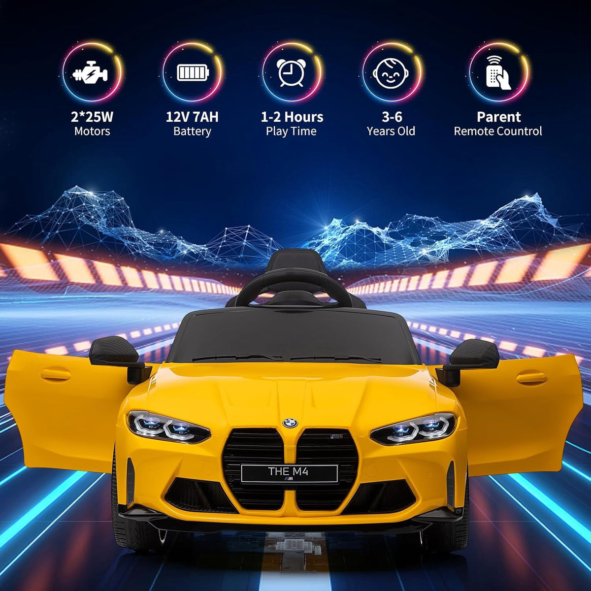 12V Licensed BMW M4 Ride-On Electric Car with Remote Control, 3 Speeds, LED Lights, Music, USB, Adjustable Seat Belt