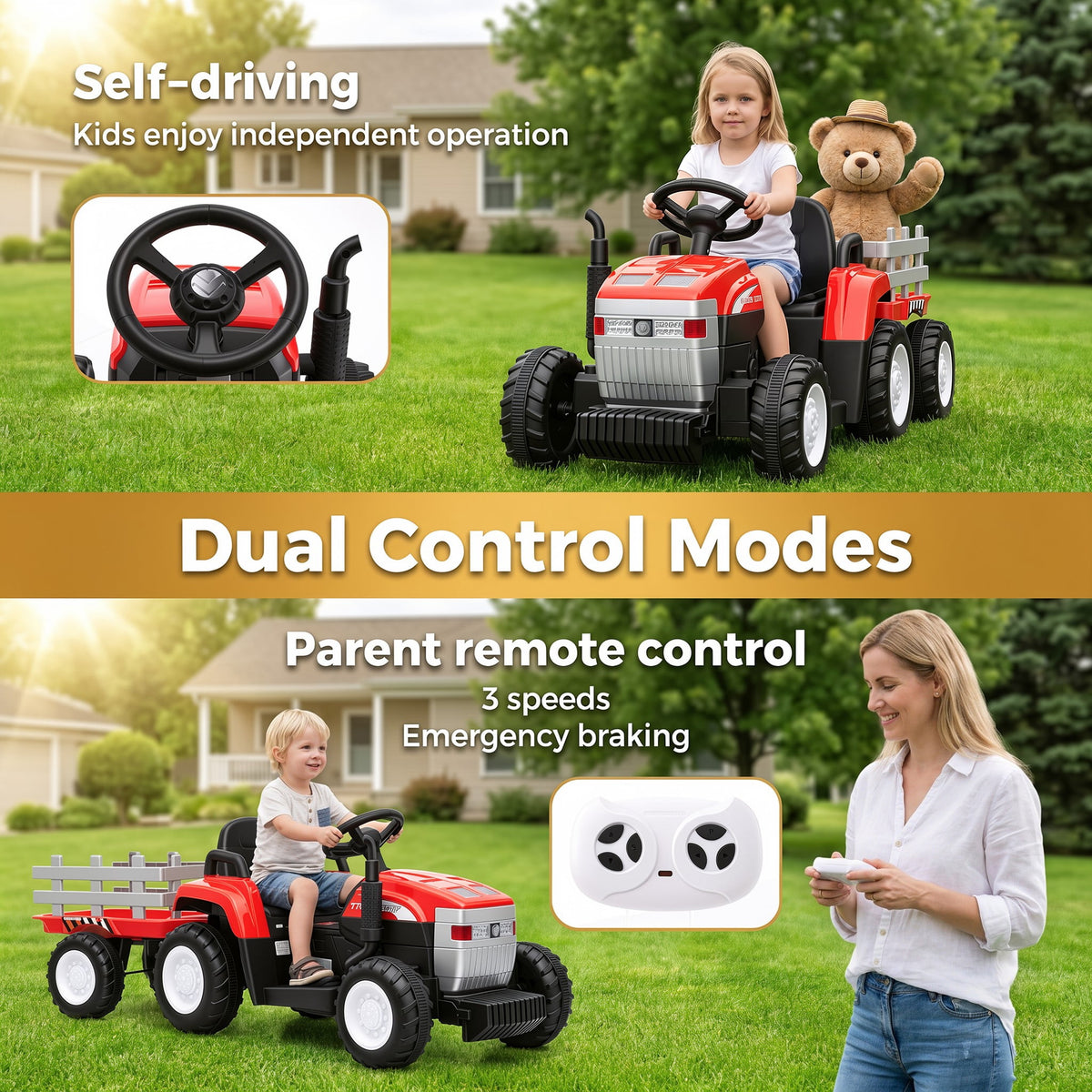 Farmdex 24V Ride on Tractor with Detachable Trailer, Ride on Toys for Kids w/ Remote Control, Electric Cars for Kids, LED Lights, Bluetooth, Music, MP3, Green