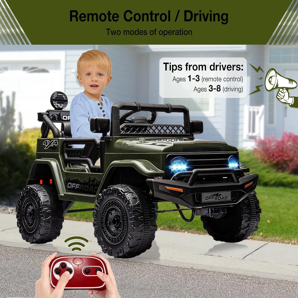 12V Remote Control Ride-On Car, 3 Speeds, Spring Suspension, LED Lights, Bluetooth Music, Parental Brake, for Ages 3-8, 65 lbs Capacity,Armygreen