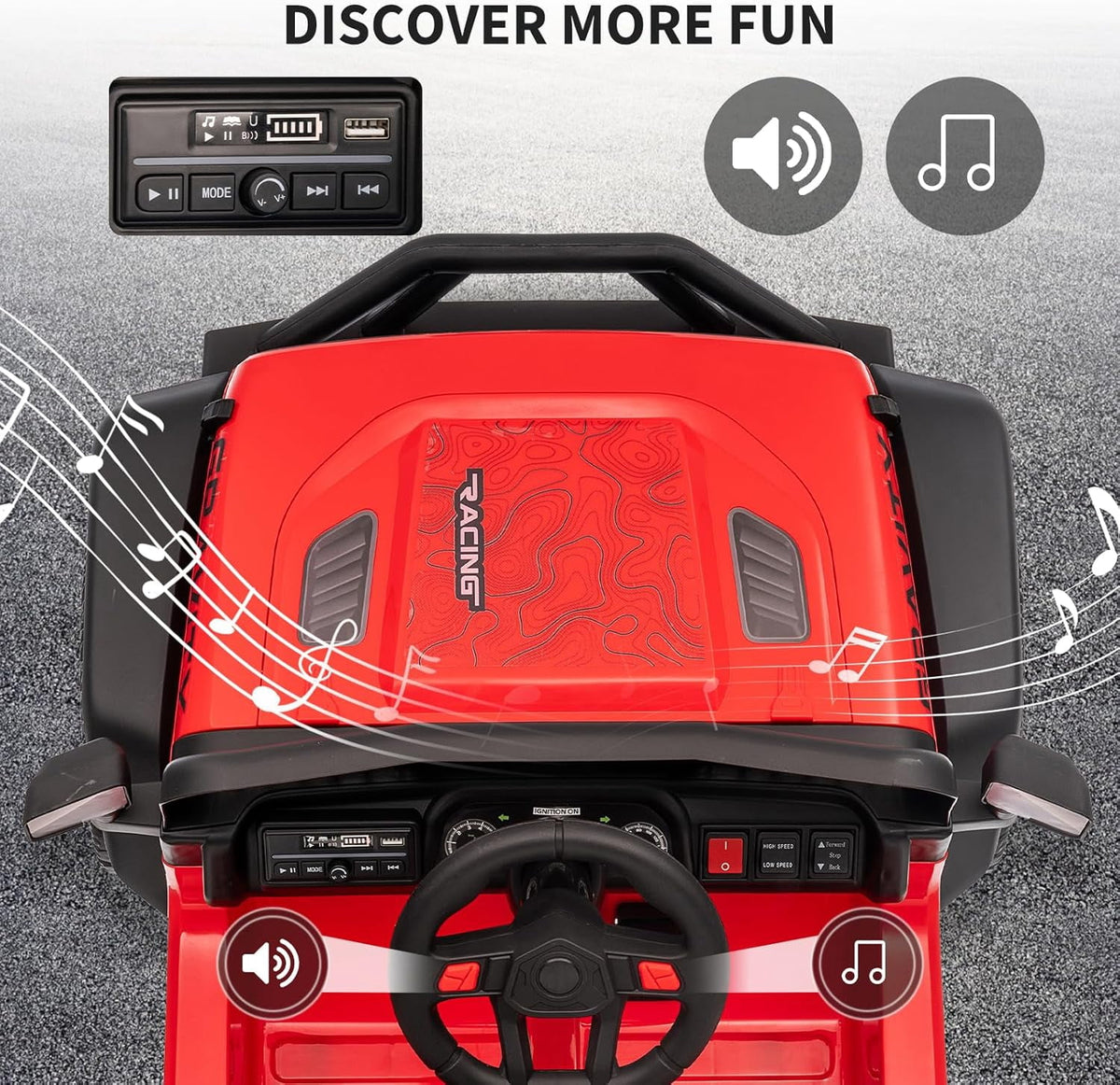 12V Ride-On Electric Car with Remote Control, Extra-Wide 13" Seat, 3 Speeds, 1.6-4.1 MPH, LED Lights, Music, USB, Safety Belt
