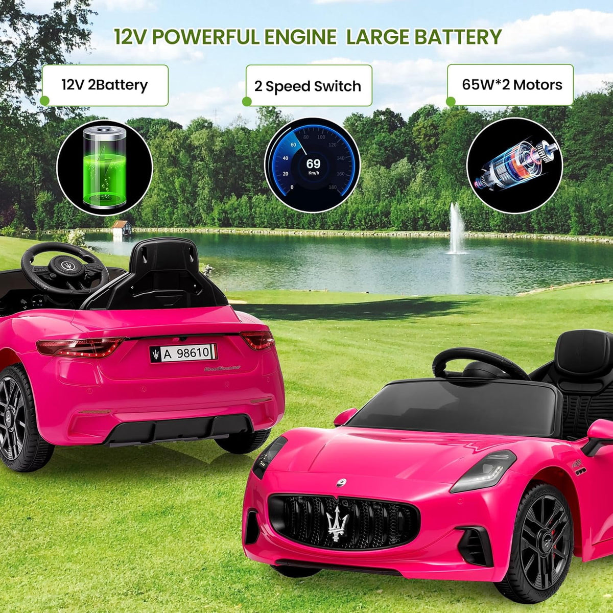 12V Licensed Maserati Ride-On Electric Car, Remote Control, 4.5Ah Battery, LED Lights, Spring Suspension, Double Doors, USB, FM Radio, 2-3 MPH