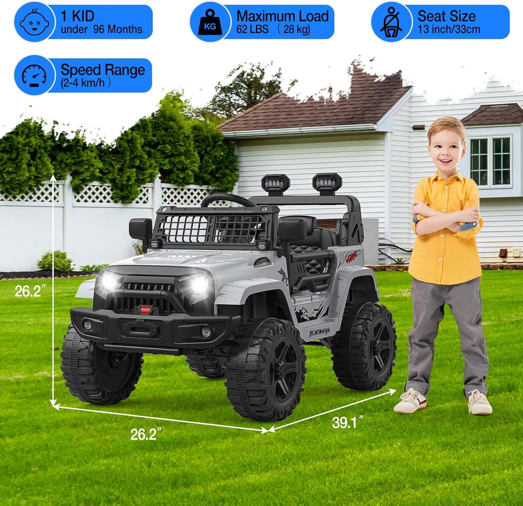 12V Electric Ride On Car with Remote Control, Off Road Ride On Vehicle with Bluetooth, LED Lights, Spring Suspension, Adjustable Seat Belt, All Terrain Tires, 61 lbs Capacity