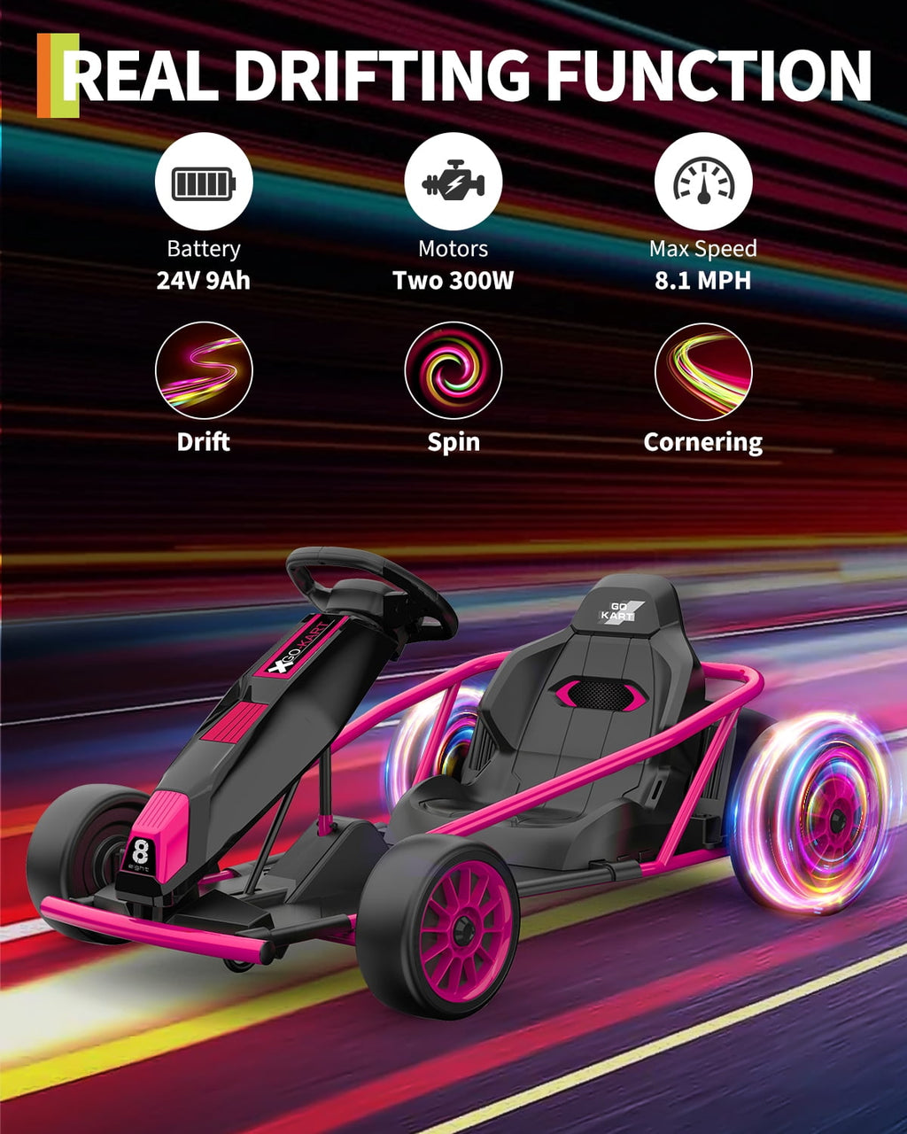 24V Electric Go Kart for Kids 8-12 - Dual 300W Motors, 9Ah Battery, 8MPH High-Speed Drifting, Slow Start, Full Metal Frame, Music, Horn, Power Display, Max Load 155Lbs, Ride-On Toy - Brown