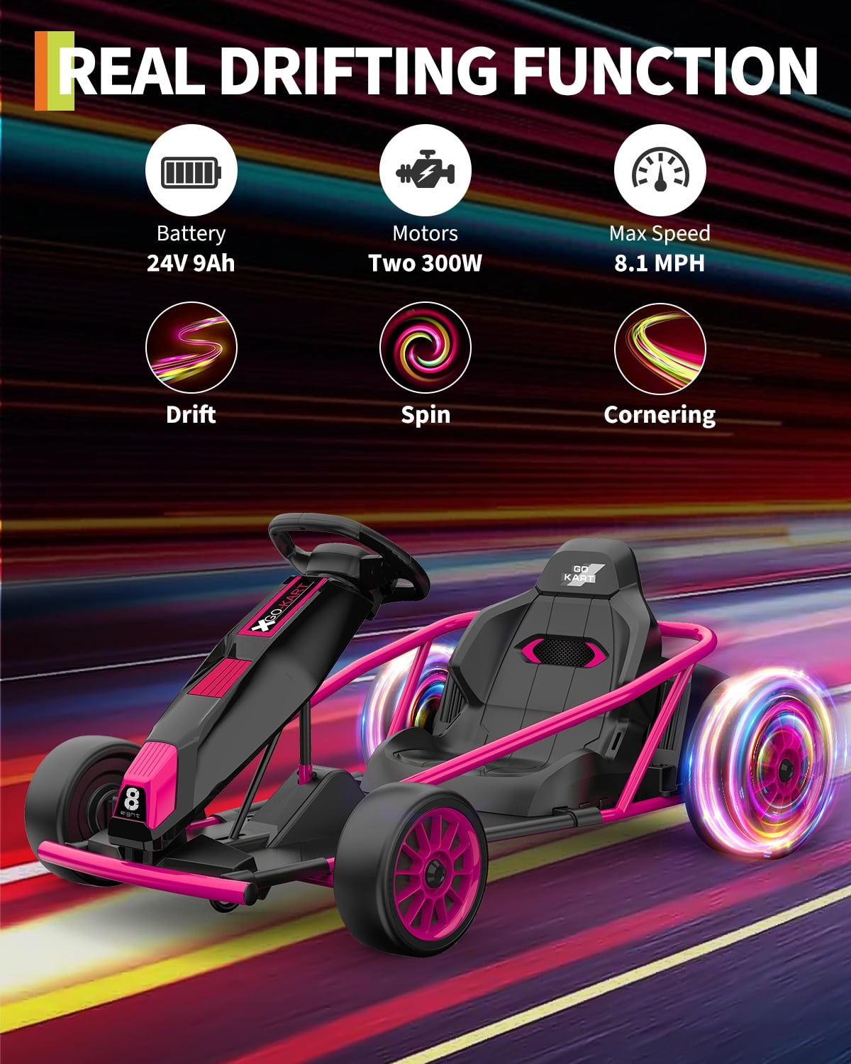 24V Electric Go Kart for Kids 8-12 - Dual 300W Motors, 9Ah Battery, 8MPH High-Speed Drifting, Slow Start, Full Metal Frame, Music, Horn, Power Display, Max Load 155Lbs, Ride-On Toy - Brown