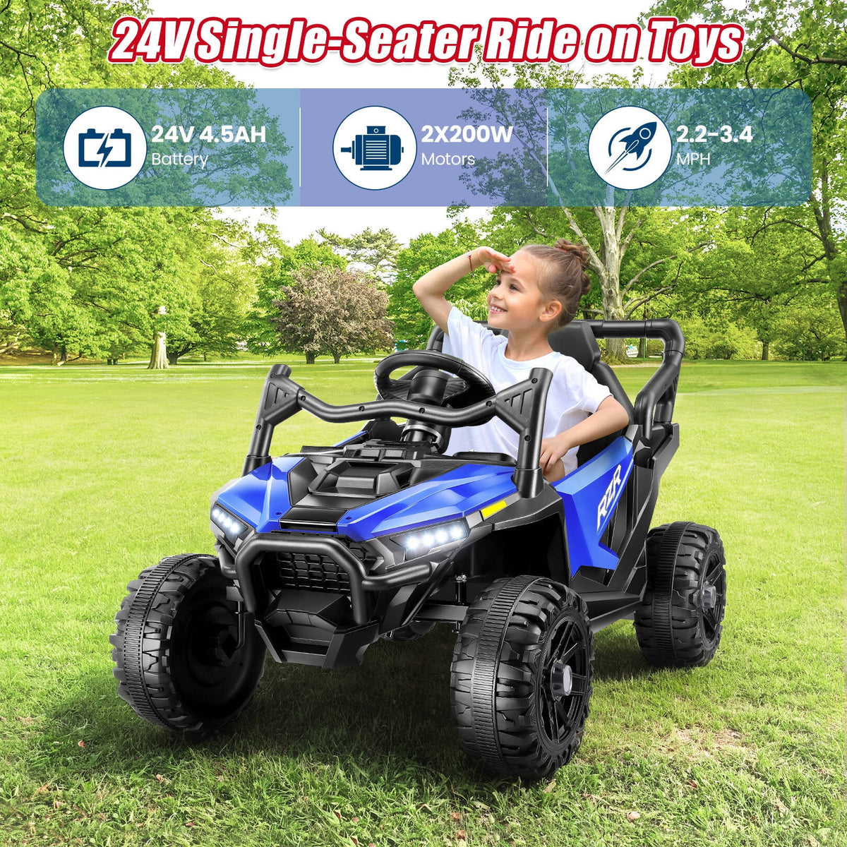 VIBESPARK 24V Ride on Toys for Kids, Ride on Cars with Remote Control, Powered Ride on Electric Car w/ Bluetooth, Music Player, LED Lights, Blue