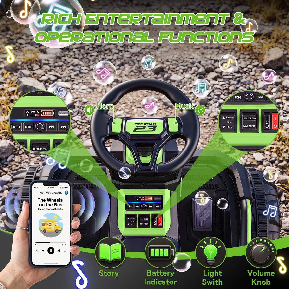 VIBESPARK 36V Ride on Toys for Big Kids Ages 6-12, 600W Ride on Cars up to 5.9 mph, Powerful 4 Wheeler Quad, Ride on ATV W/ Adjustable Seat, Ball-bearing Design, Power Display, Light Control, Green