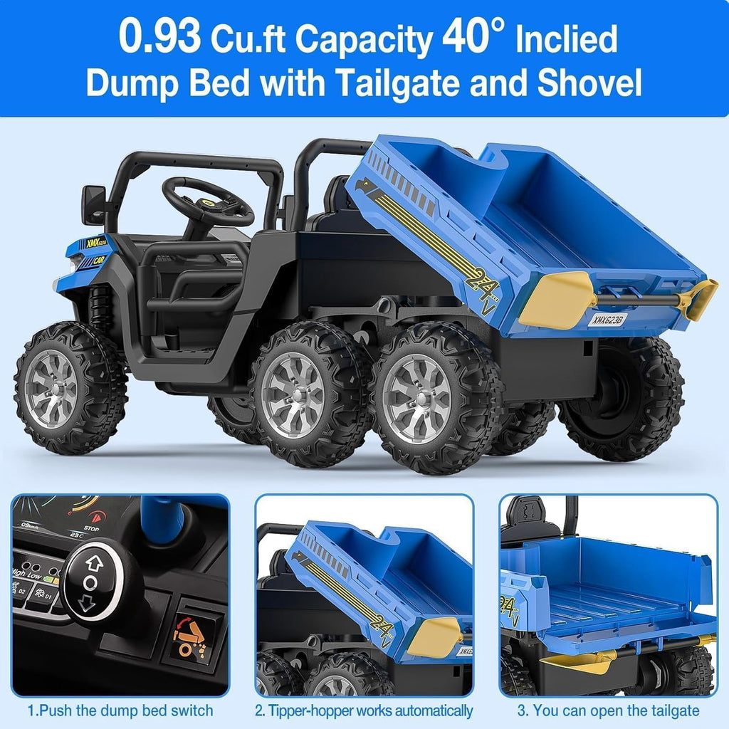 24V 4WD Electric Ride-On Dump Truck for , 2-Seater UTV with Remote Control, Bluetooth Music, Seatbelts, LED Lights, Mobile Phone Connectivity, Double Seat 6 Wheel Truck for Ages 3-8,Green