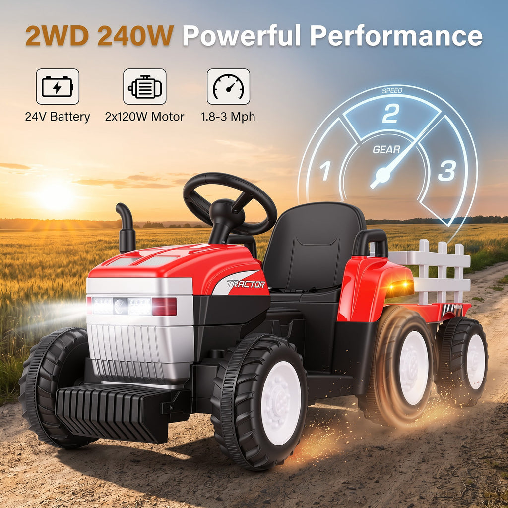 Farmdex 24V Ride on Tractor with Detachable Trailer, Ride on Toys for Kids w/ Remote Control, Electric Cars for Kids, LED Lights, Bluetooth, Music, MP3, Green