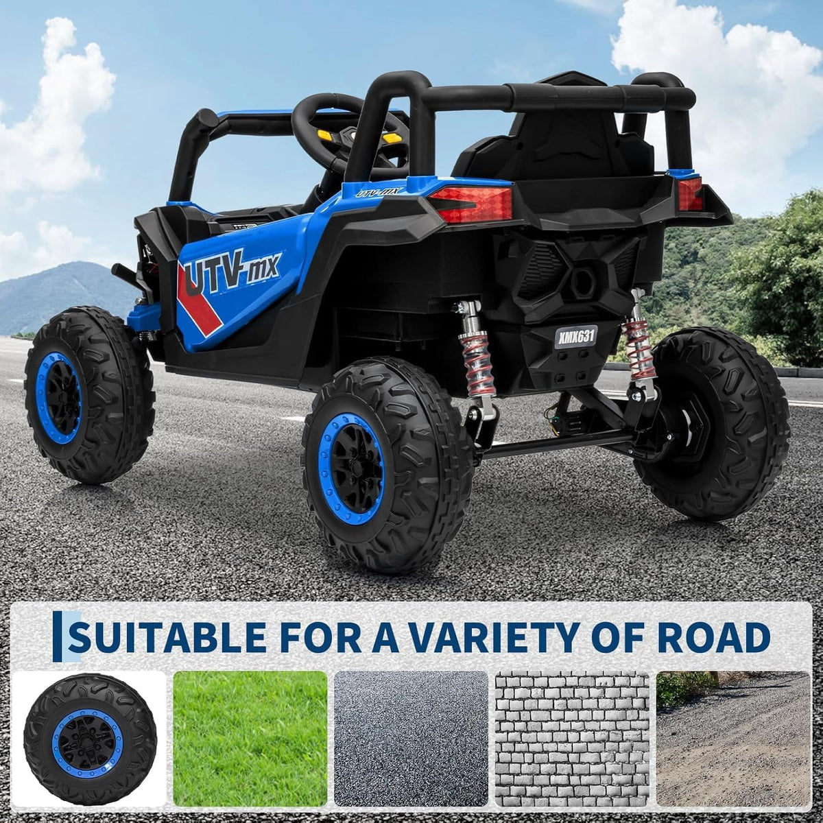 12V 4WD Ride-On Electric Car with Remote Control, 4-Wheel Drive, 4 Spring Suspension, Up to 5 MPH, LED Headlights, Bluetooth