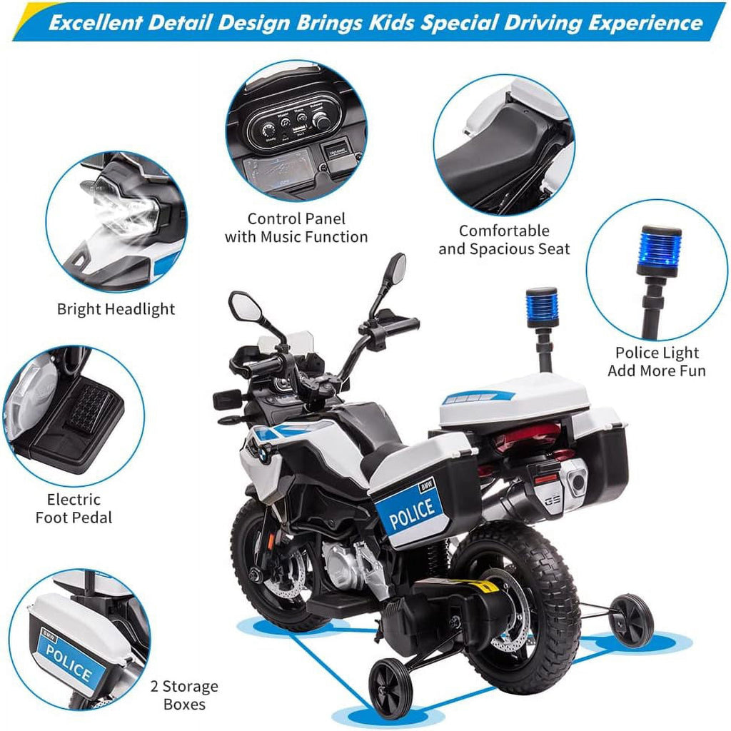 Licensed Electric Police Motorcycle Ride-On, 12V, Dual Motors, 2 Speeds, LED Lights, Spring Suspension, MP3, Training Wheels, for Ages 3-8,Police car