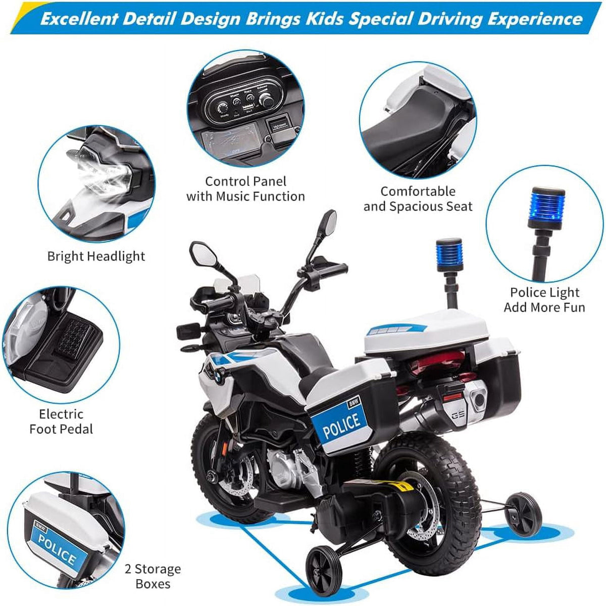Licensed Electric Police Motorcycle Ride-On, 12V, Dual Motors, 2 Speeds, LED Lights, Spring Suspension, MP3, Training Wheels, for Ages 3-8,Police car