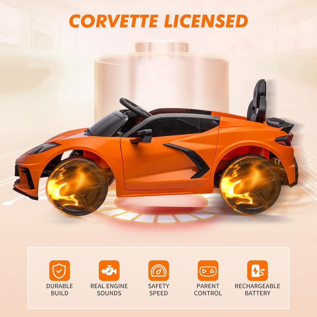 12V Licensed Corvette C8 Ride-On Electric Sports Car, Dual 30W Motors, Remote Control, LED Lights, Music, Openable Doors, 66 lbs