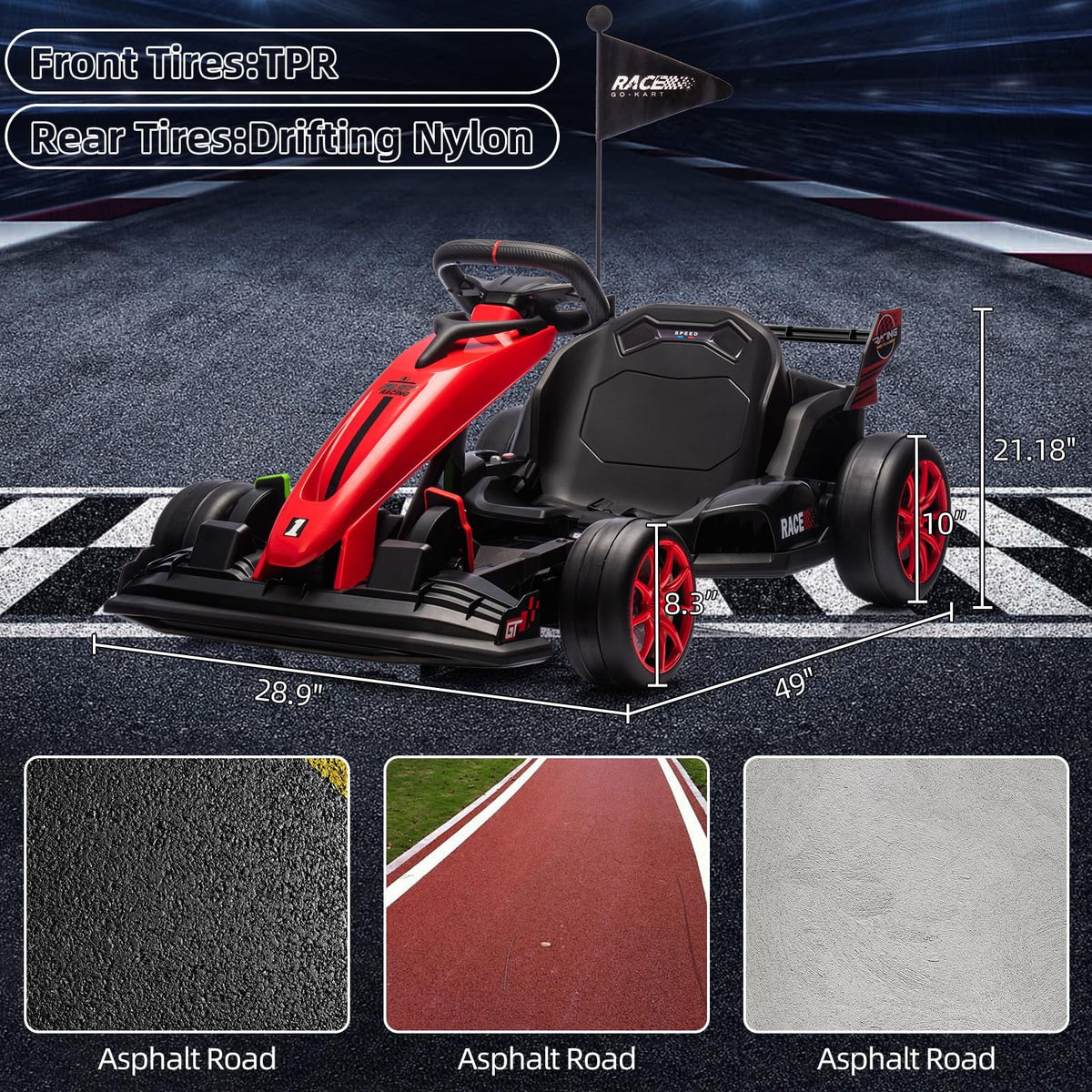 24V Kids Ride-On Go Kart, 7.5MPH High-Speed Drifting Car, Dual 200W Motors, 7Ah Battery, Adjustable Length, Max Load 135lbs, Power Display Racing Toy for Children 6+, Green