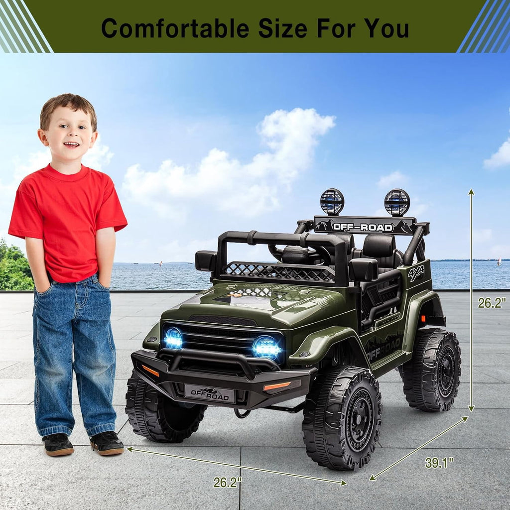 12V Remote Control Ride-On Car, 3 Speeds, Spring Suspension, LED Lights, Bluetooth Music, Parental Brake, for Ages 3-8, 65 lbs Capacity,Armygreen