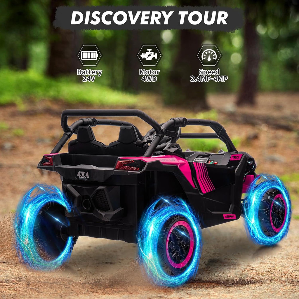 24V 2-Seater Ride On UTV for teens. Remote Control. 4x200W Motors. Bluetooth Music. LED Lights. 3 Speeds. . Safety Belt. All-Terrain Electric Vehicle,Rose Red