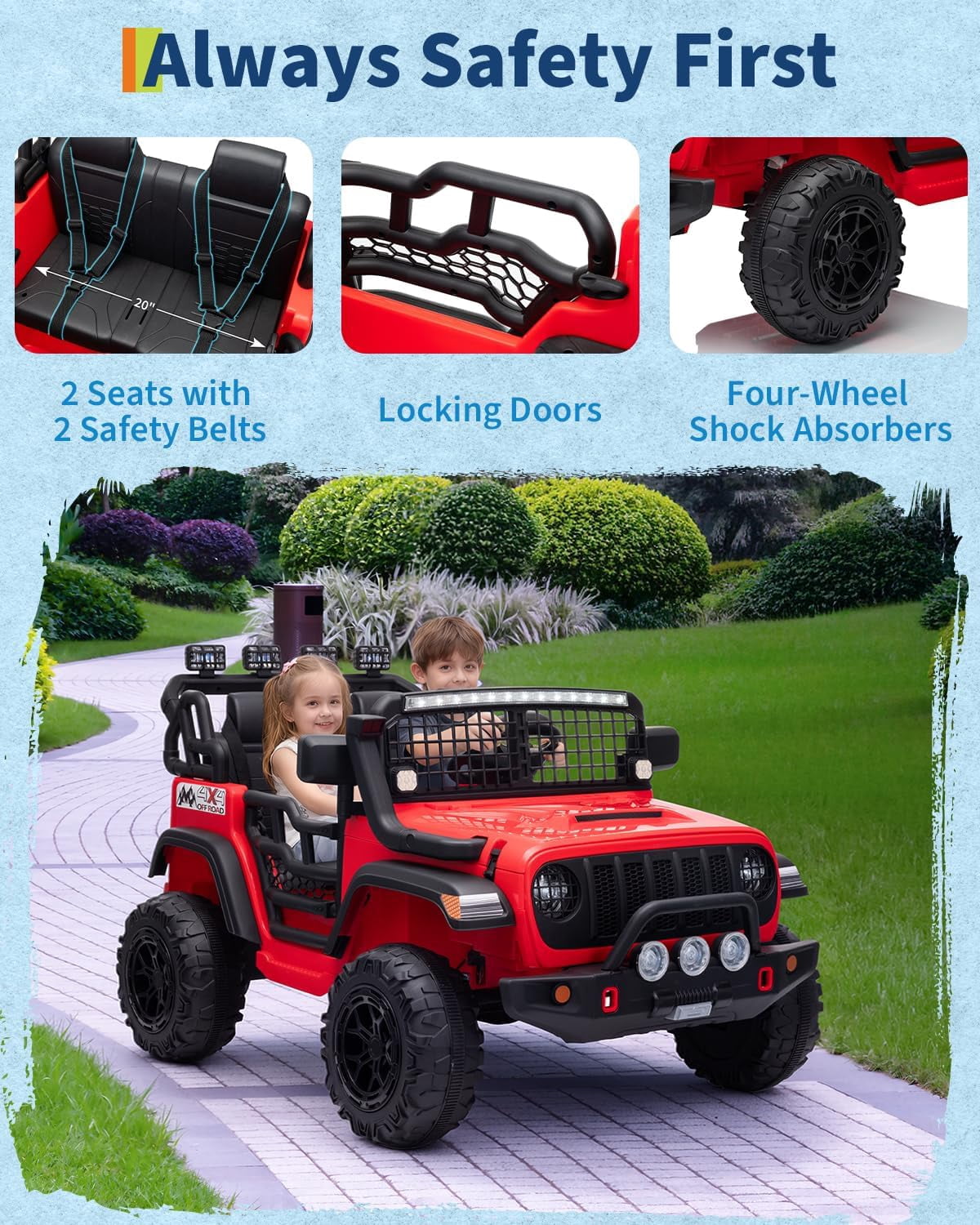 24V 2-Seater Electric Ride-On Car, 2x200W Motors, Parent Remote Control, 4-Wheel Shock Absorbers, 1.8-4 MPH, Bluetooth, LED Lights, 132 Lbs