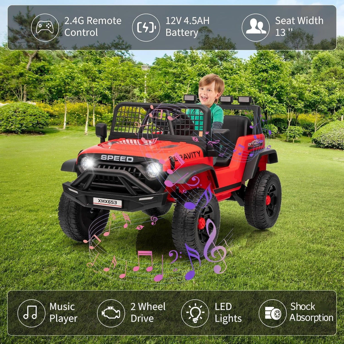 12V Ride-On Electric Car with Remote Control, Extra-Wide 13" Seat, 3 Speeds, 1.6-4.1 MPH, LED Lights, Music, USB, Safety Belt