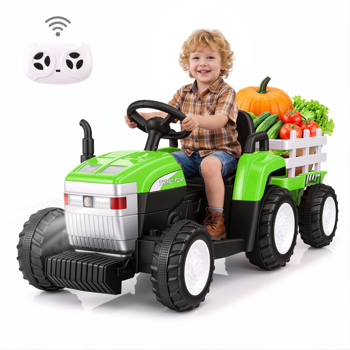 Farmdex 24V Ride on Tractor with Detachable Trailer, Ride on Toys for Kids w/ Remote Control, Electric Cars for Kids, LED Lights, Bluetooth, Music, MP3, Green