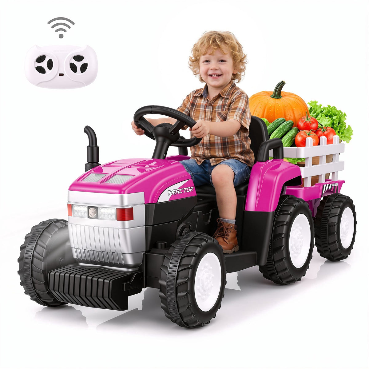 Farmdex 24V Ride on Tractor with Detachable Trailer, Ride on Toys for Kids w/ Remote Control, Electric Cars for Kids, LED Lights, Bluetooth, Music, MP3, Green
