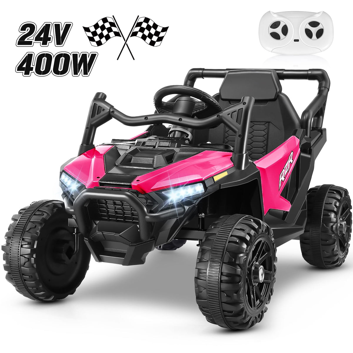 Funcid 24 Volt Ride on Toys with Remote Control & Battery Indicator, 400W Ride on UTV, Electric Car for Kids w/ Bluetooth, Music, LED Lights, Volume Adjustment Knob, 3 Speeds, Pink
