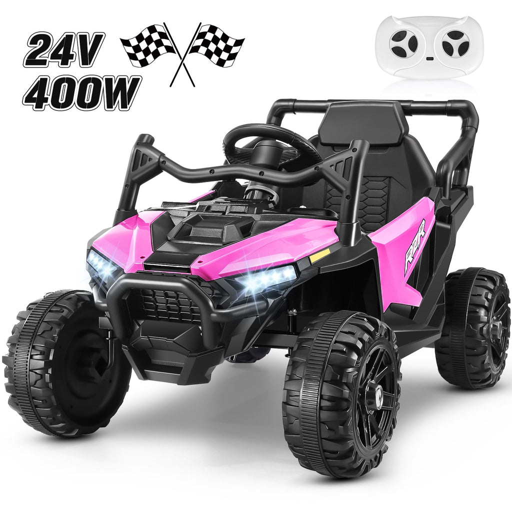 Funcid 24 Volt Ride on Toys with Remote Control & Battery Indicator, 400W Ride on UTV, Electric Car for Kids w/ Bluetooth, Music, LED Lights, Volume Adjustment Knob, 3 Speeds, Pink