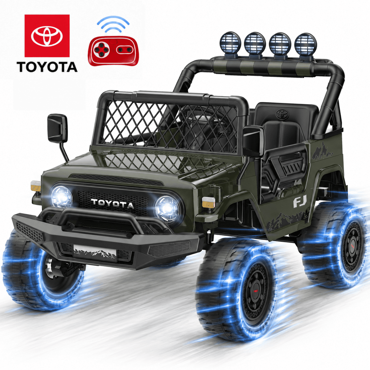 Officially Licensed Toyota FJ Ride On Toys 24V 800W, 4WD Kids Power Car Wheels for Boys Girls, 2 Seater Electric Car with Remote Control, 4 Motors, Music, LED Lights, Green