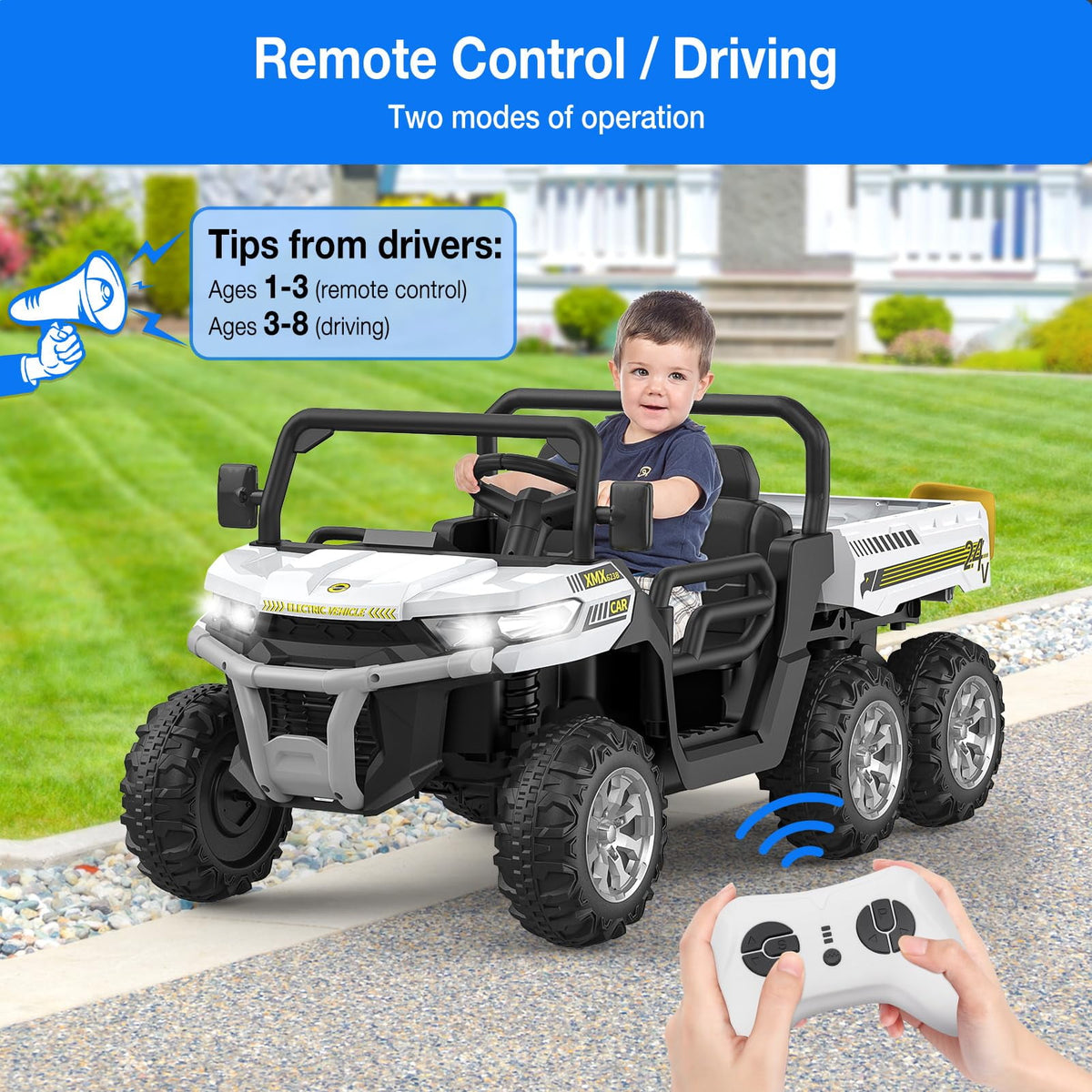 Ride On Dump Truck for Kids Ride On Car with Remote Control Electric UTV Vehicles with Electric Dump Bed, 4WD Power Ride-on 6 Wheels Ride On Toys for Boys Girls