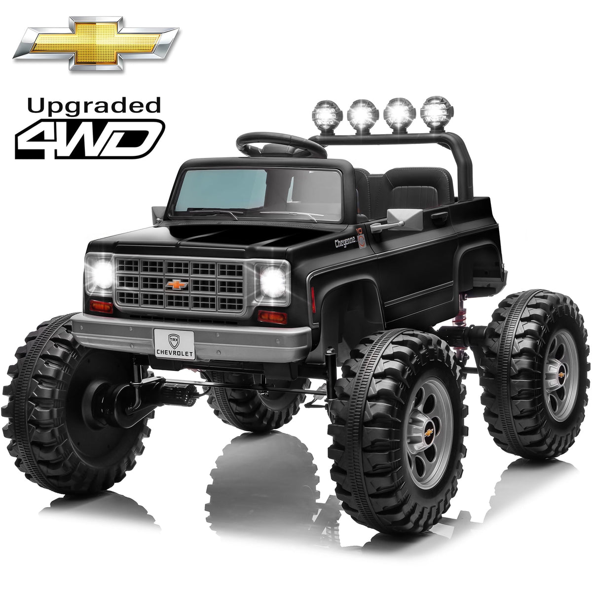 Sunnyfree Upgraded 4WD Chevrolet Cheyenne 24 Volt Ride on Toys, Electric Car for Kids, Power Truck Wheels with Remote, Bluetooth, USB, LED Lights, Black