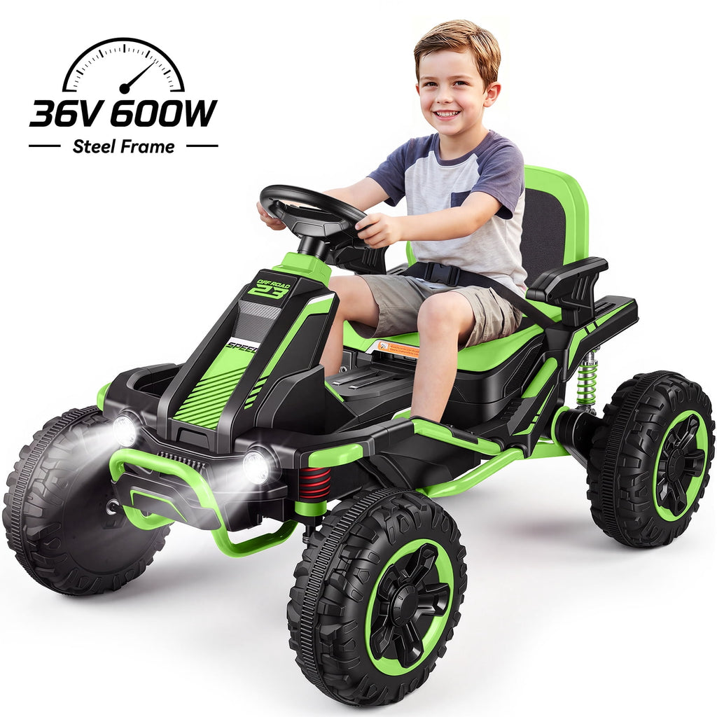 VIBESPARK 36V Ride on Toys for Big Kids Ages 6-12, 600W Ride on Cars up to 5.9 mph, Powerful 4 Wheeler Quad, Ride on ATV W/ Adjustable Seat, Ball-bearing Design, Power Display, Light Control, Green