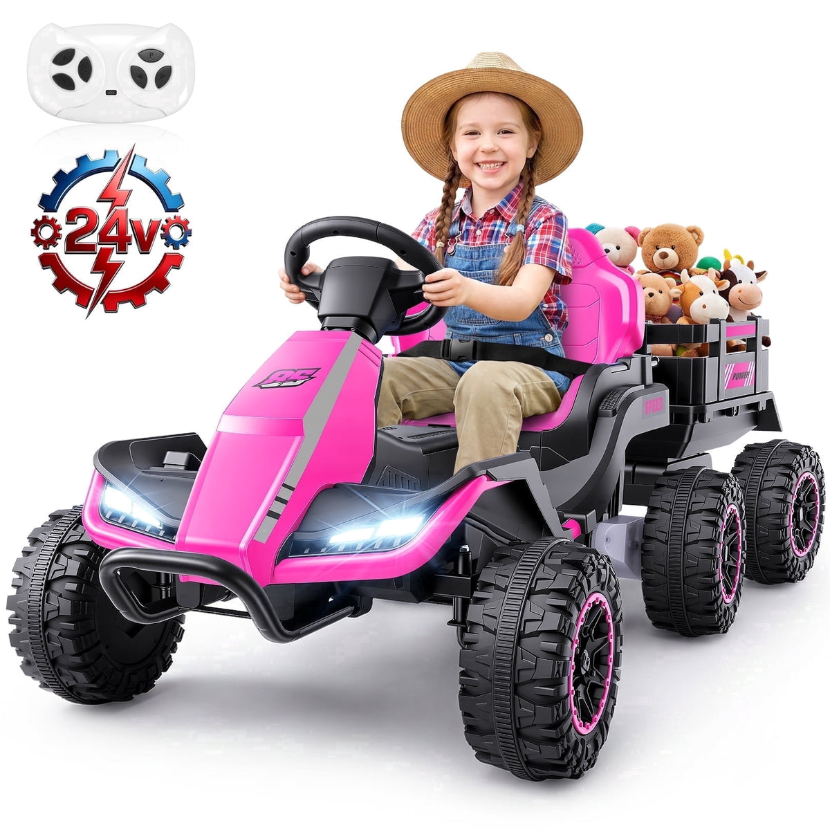 VIBESPARK 24V Ride on Toys with Remote Control, 3 in 1 Ride on Car, Ride on Tractor for Kids with Trailer, 6 Wheel Kids Electric Car w/ Bluetooth, MP3, Music, Green