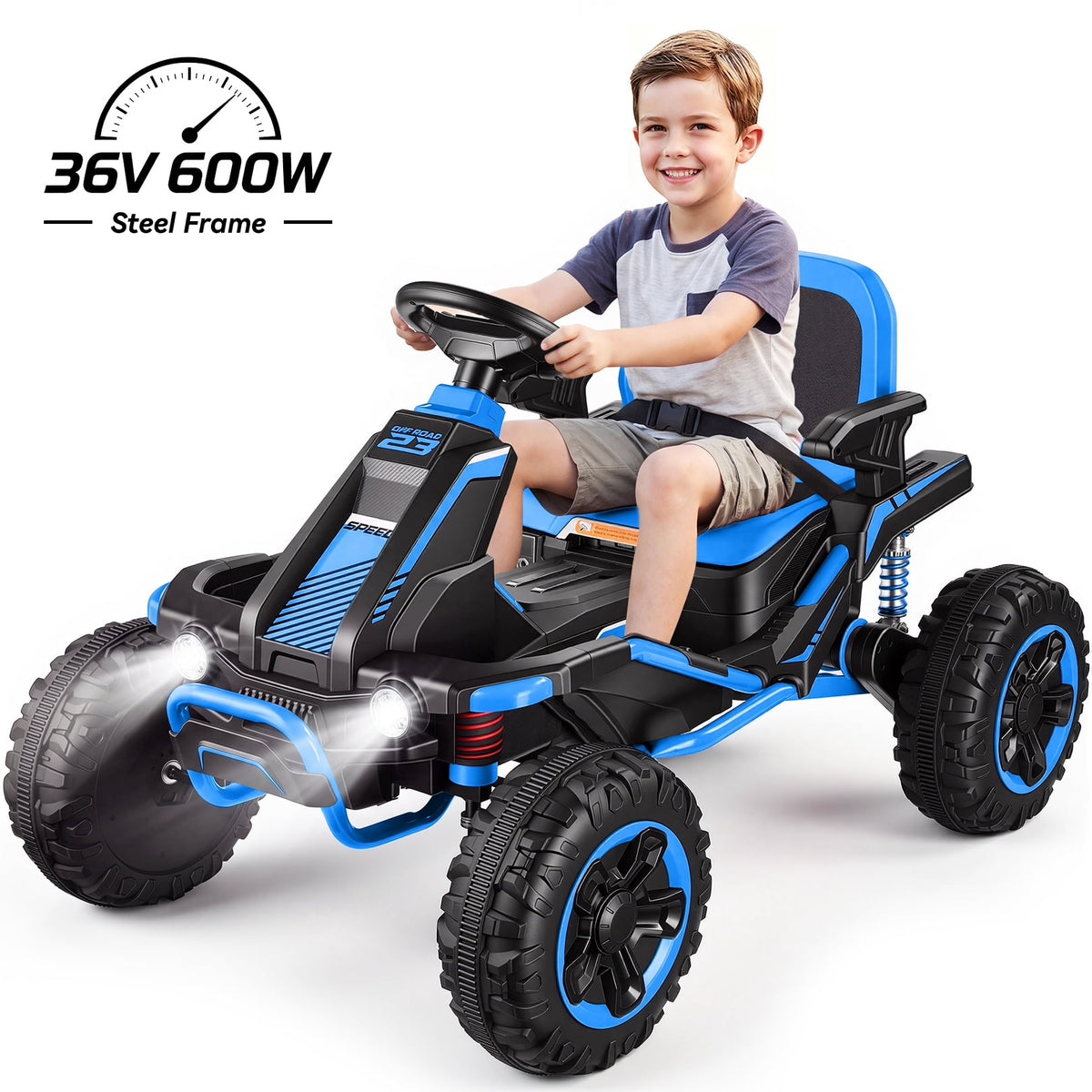 VIBESPARK 36V Ride on Toys for Big Kids Ages 6-12, 600W Ride on Cars up to 5.9 mph, Powerful 4 Wheeler Quad, Ride on ATV W/ Adjustable Seat, Ball-bearing Design, Power Display, Light Control, Blue
