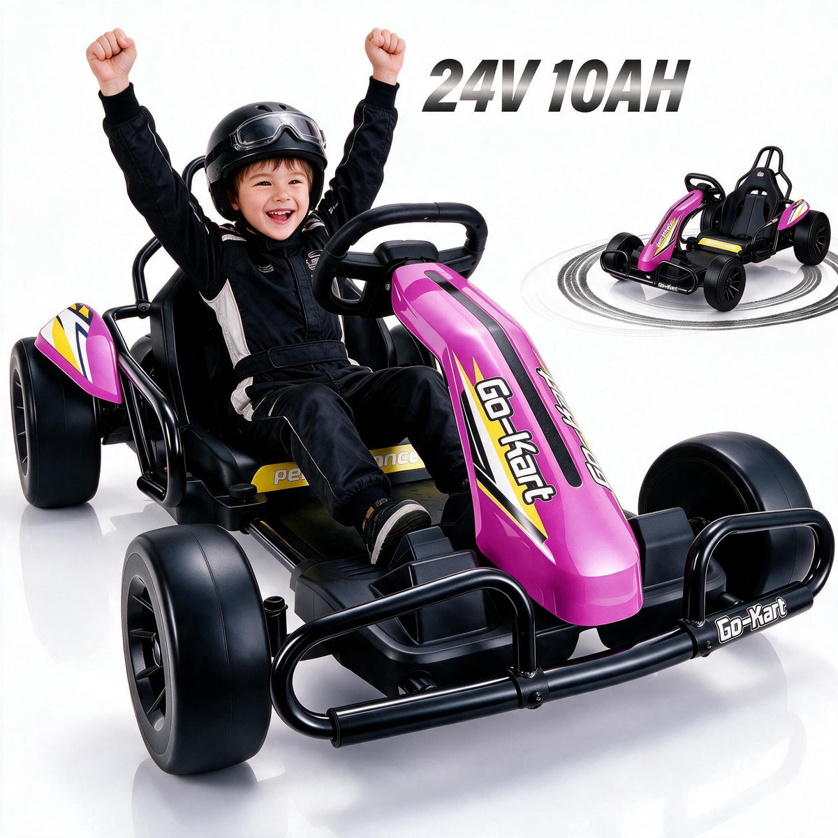 VIBESPARK Drift Go Kart, 24V 10AH Electric Go Kart for Kids Ages 6-14, 360° Drift Mode, Ride On Car with Backrest & Adjustable Seat, 300W Dual Motors, Max Speed 7.5mph/h, Blue