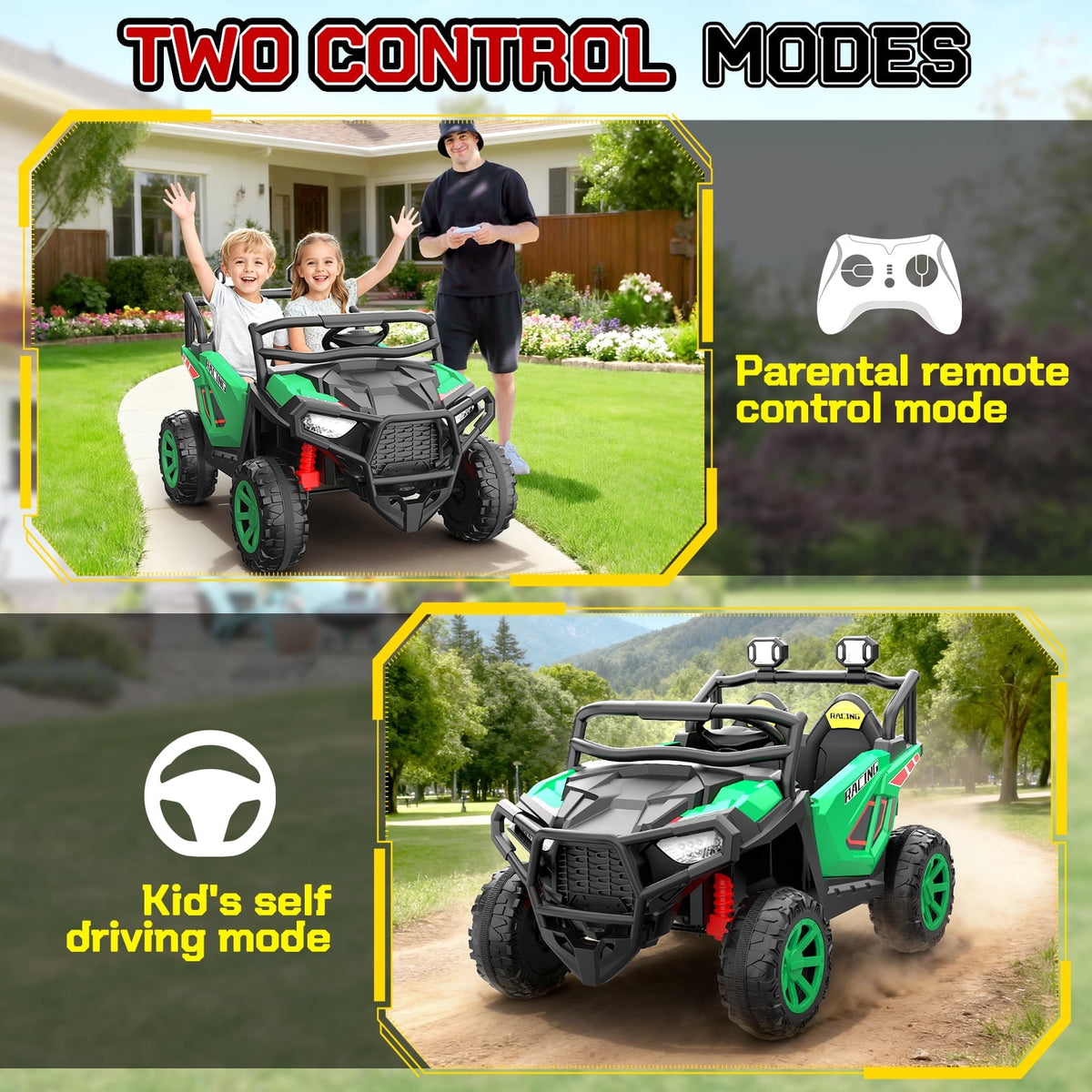 VIBESPARK 24 Volt 2 Seater Ride on Toys for Kids, Powered Ride on Cars with Remote Control, Electric UTV Car for 3-8 Boys Girls Gift w/ Bluetooth, LED Light, Music, Green