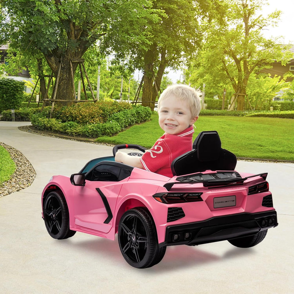 12V Licensed Corvette C8 Ride-On Electric Sports Car, Dual 30W Motors, Remote Control, LED Lights, Music, Openable Doors, 66 lbs